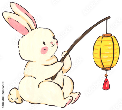 Mid Autumn rabbit illustration set, cute bunny character with lantern, Chinese moon festival celebration, traditional oriental culture symbol, whimsical hand drawn greeting card design.
