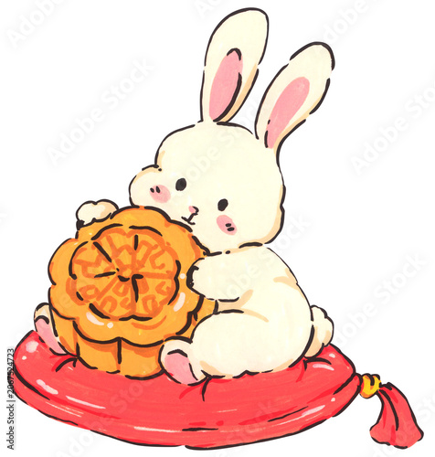 Mid Autumn rabbit illustration, cute bunny character with mooncake, Chinese moon festival celebration, traditional oriental culture symbol, whimsical hand drawn greeting card design.