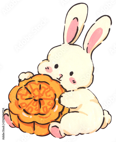 Mid Autumn rabbit illustration, cute bunny character with mooncake, Chinese moon festival celebration, traditional oriental culture symbol, whimsical hand drawn greeting card design.