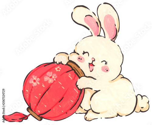 Mid Autumn rabbit illustration, cute bunny character with lantern, Chinese moon festival celebration, traditional oriental culture symbol, whimsical hand drawn greeting card design.