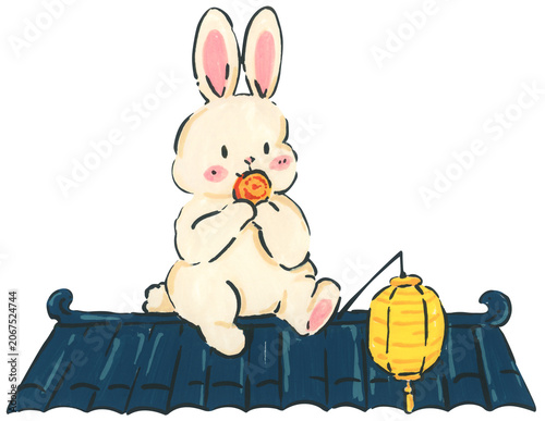 Mid Autumn rabbit illustration set, cute bunny character with mooncake and lantern, Chinese moon festival celebration, traditional oriental culture symbol, whimsical hand drawn greeting card design.