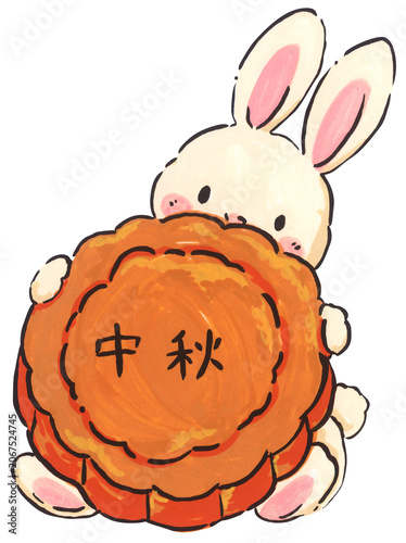 Mid Autumn rabbit illustration, cute bunny character with mooncake, Chinese moon festival celebration, traditional oriental culture symbol, whimsical hand drawn greeting card design.