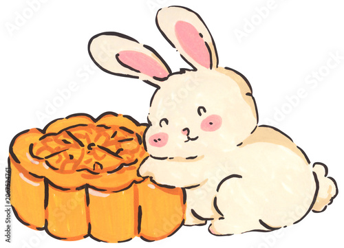 Mid Autumn rabbit illustration, cute bunny character with mooncake, Chinese moon festival celebration, traditional oriental culture symbol, whimsical hand drawn greeting card design.