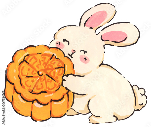 Mid Autumn rabbit illustration, cute bunny character with mooncake, Chinese moon festival celebration, traditional oriental culture symbol, whimsical hand drawn greeting card design.