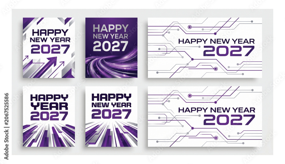 Naklejka premium Happy new year 2027 purple technology theme geometric poster set with technology celebration abstract geometric futuristic connection innovation greeting background template marketing