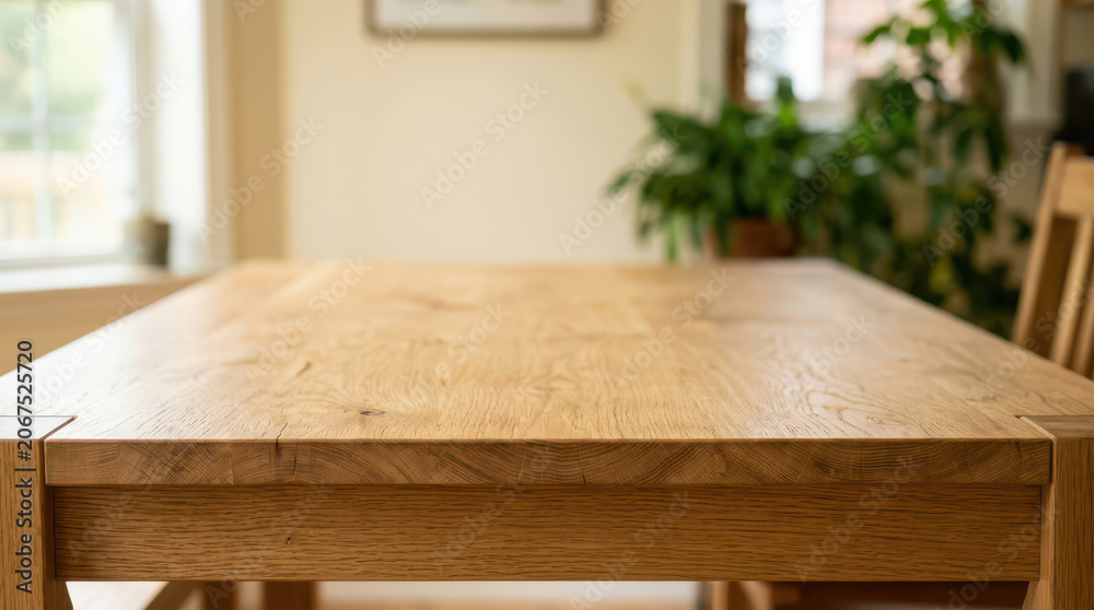 Fototapeta premium A wooden table sits in a room with a chair and a plant nearby indoors.