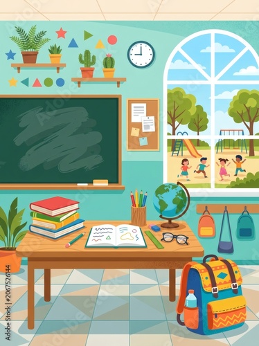a colorful cartoon classroom with a desk and a window.