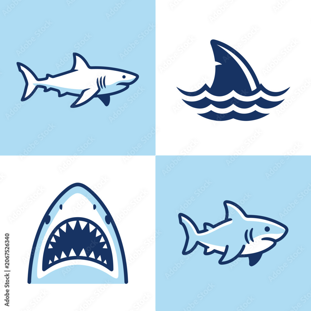Fototapeta premium Four minimalist shark icons on a blue and white grid