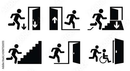 Foto Running Man Exit Signs Emergency Door Icons Safety Directional Symbols Vector Gr