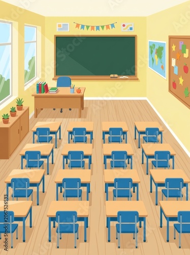 a classroom with blue chairs and desks.