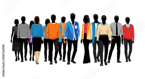 Photos Diverse group of people silhouettes wearing colorful casual and business clothing standing together