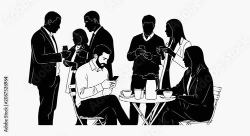 Black and white sketch of business people networking and drinking coffee at a social event.