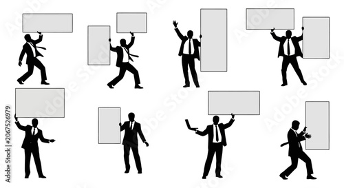 Foto Set of businessman silhouettes holding blank signs and banners in various poses