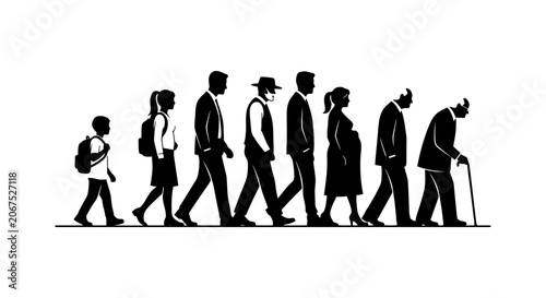 Bild auf Leinwand Black and white silhouette illustration showing the stages of human life and aging process