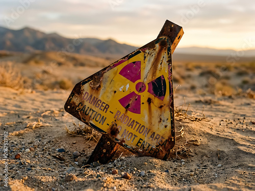 A weathered and rusted radioactive danger sign lies half-buried in the sandy desert landscape under a clear sky.