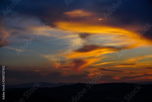 Dramatic Golden Sunset Sky Over Mountains - Evening Twilight Landscape