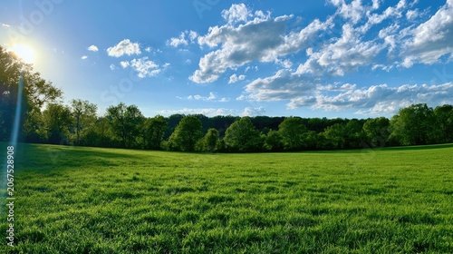 Sunlit meadow, lush green grass, rolling hills, treeline, blue sky, fluffy clouds