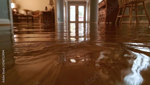 Low angle view of a flooded wooden floor reflecting hallway, furniture, and doorway
