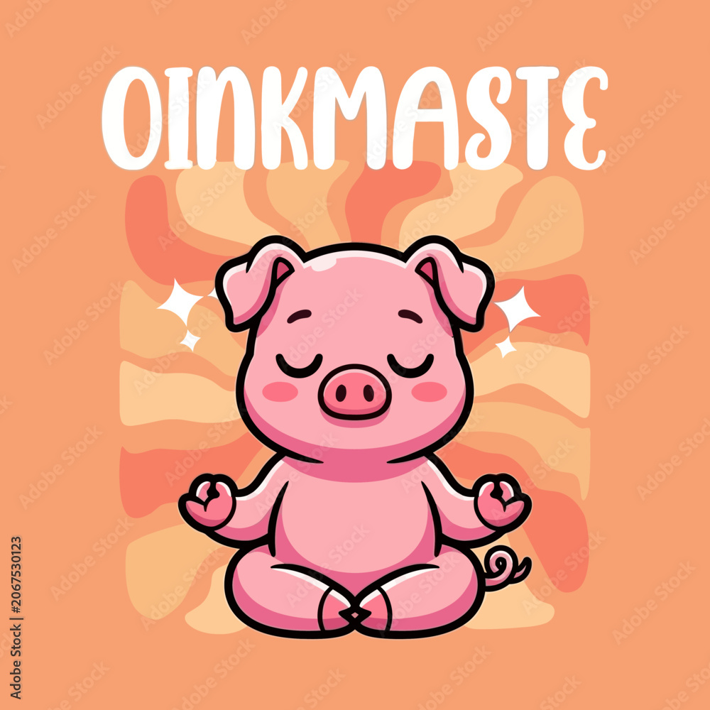 Naklejka premium Cute pink pig meditates peacefully alone.