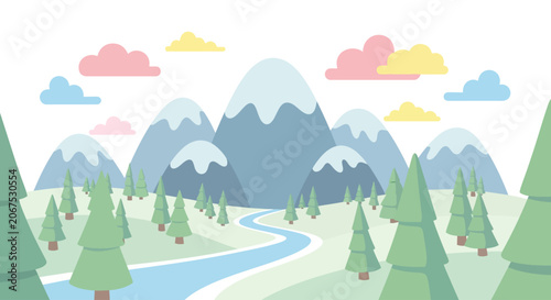 Bild auf Leinwand Vector illustration of a serene mountain landscape with a winding river and pine trees