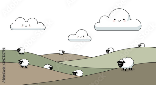 Photos Cute cartoon sheep grazing on rolling green hills with happy clouds above