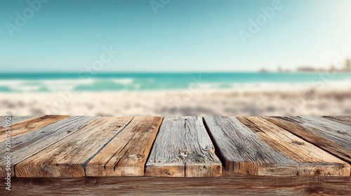 Empty wooden planks table with blurred tropical beach and turquoise sea background, bright summer sunlight, copy space