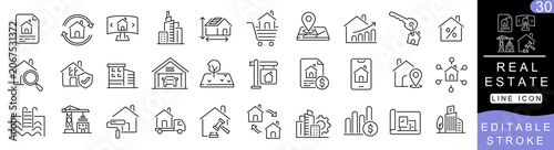 Real Estate Line Icon Set – 30 Editable Stroke Property, House, Building, Realtor, Mortgage and Construction Outline Vector Icons