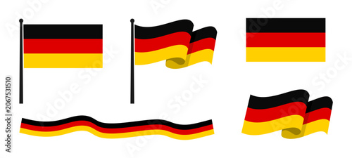 Germany flag vector collection in flat style. German national flags set with waving flag, rectangle icon, flagpoles and long ribbon banner isolated on white background for design. Vector illustration