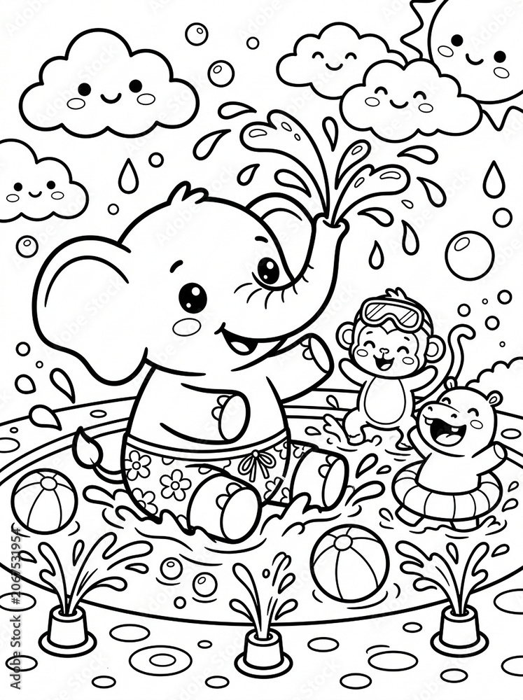 Fototapeta premium Adorable Cartoon Coloring Page of Elephant, Monkey, and Hippo Playing in Water Park for Fun Kids Activity