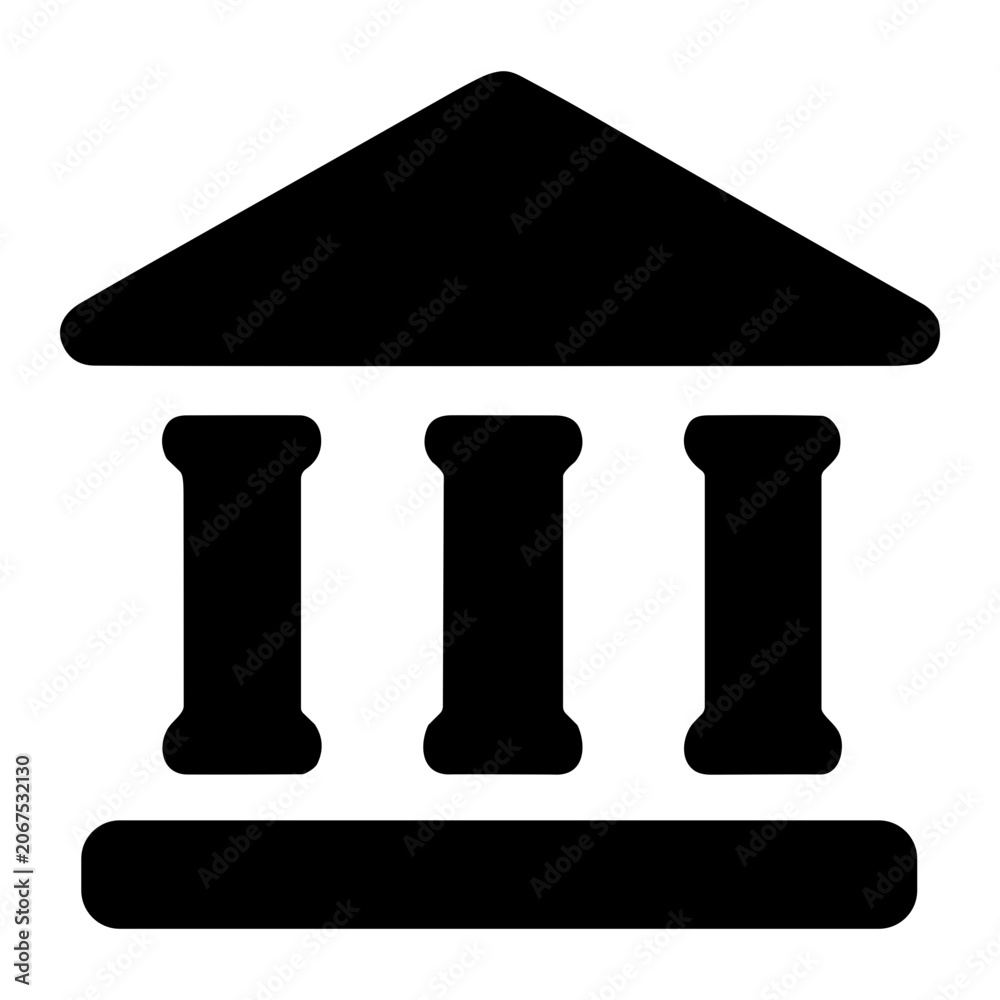 Naklejka premium Silhouette icon of a classical bank or courthouse facade with a triangular pediment supported by three columns and a solid base, symbolizing institutional authority