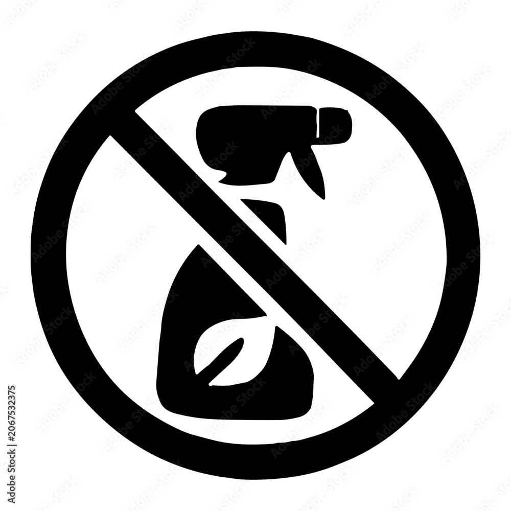 Obraz premium Prohibition sign depicting a spray bottle with a leaf emblem inside a crossed circle, indicating no spray cleaners, pesticides, or chemical sprays allowed here