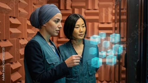 Two female engineers inspect a floating cube topology beside server hardware, applying futuristic networking technology within a specialized acoustically isolated communications testing chamber