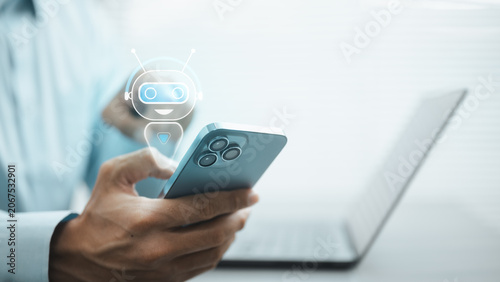 Business user interacting with a virtual AI assistant hologram on a smartphone, representing artificial intelligence, smart automation, digital support, voice interaction, and future technology.