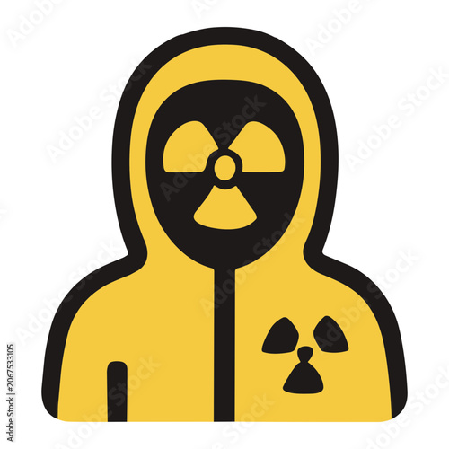 Illustration of a person in a yellow hazmat suit with radiation symbols on helmet and chest, depicting nuclear hazard protection and contamination safety concept