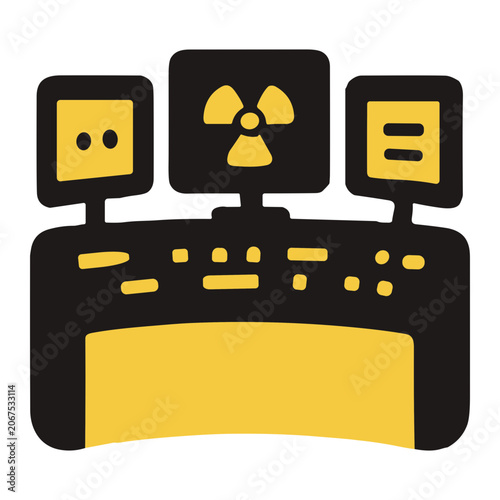 Icon of a nuclear control room console with three monitors showing a central radiation symbol, curved control panel with buttons and indicator lights in black and yellow.