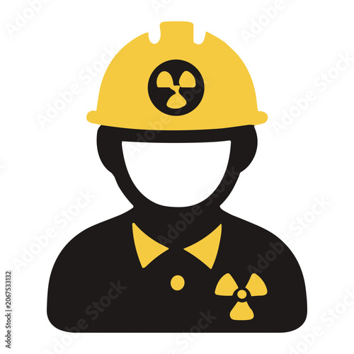 Flat icon of a nuclear safety worker wearing a yellow hard hat marked with a radiation trefoil and matching uniform, symbolizing radioactive hazard protection and safety