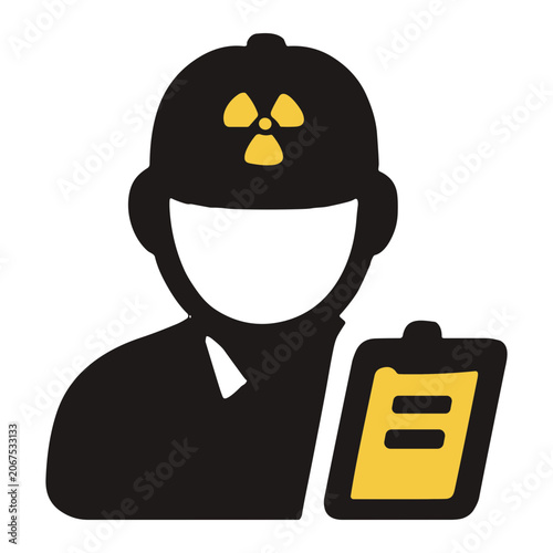 Icon of a safety inspector wearing a hard hat with a radiation symbol and holding a clipboard, representing radiation safety inspection, compliance and hazard monitoring.