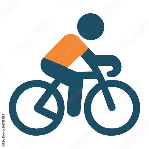 Minimalist flat icon depicting a cyclist riding a bicycle in profile, stylized human figure with orange shirt and dark teal bike, symbolizing cycling and commute
