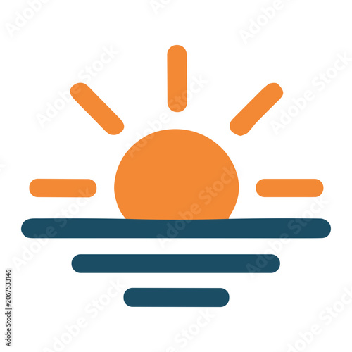 Minimalist vector icon of an orange sun rising above stylized blue horizontal waves with radiating rays, representing sunrise and sunset over coastal water, travel and relaxation.