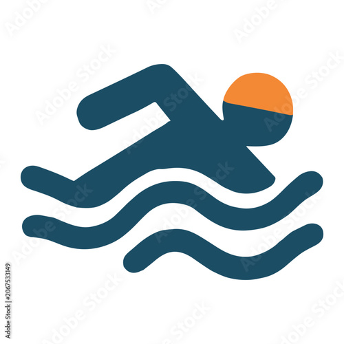 Minimalist vector icon of a swimmer performing a front crawl (freestyle) stroke with three stylized waves and an orange swim cap, simple flat design in blue on white