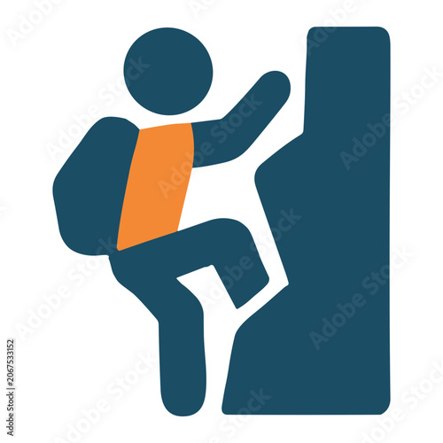 Flat vector icon of a stylized climber ascending a vertical rock face with a backpack and orange vest, minimalist outdoor adventure symbol in blue and orange colors