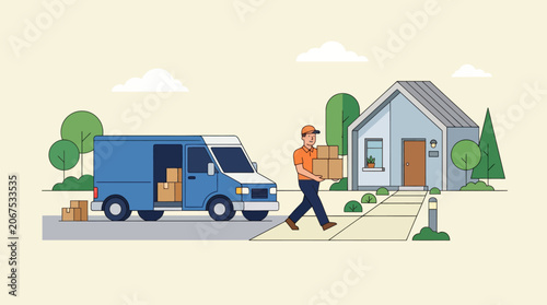 Delivery man transporting boxes to house.