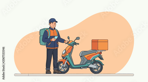 Delivery man with scooter and package.