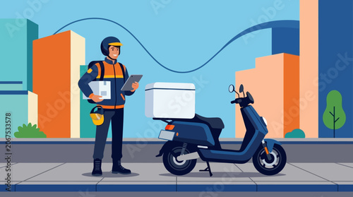 Delivery rider with scooter in city.