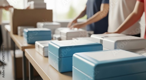 Stacks of blue and white hygiene kits organized for distribution on a wooden table with hands preparing more supplies in the background.