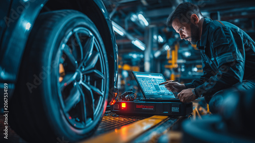 Automotive technician performing digital vehicle diagnostics in modern workshop