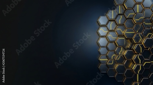 Abstract hexagonal pattern with glowing yellow digital circuit lines