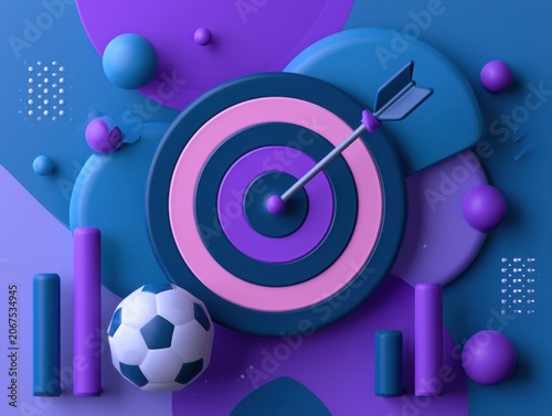 Target with Arrow, Soccer Ball, Bars, Spheres for Goal Achievement