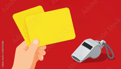 Quadro em tela Sports referee holding yellow cards and a whistle, symbolizing penalties and war