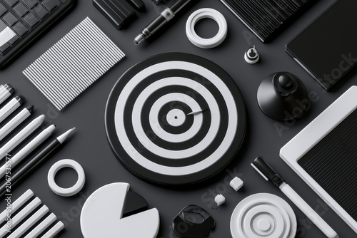 Target bullseye surrounded by office supplies, concept of goals & focus